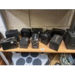 A quantity of vintage box cameras including Agfa, Ensign, Brownie etc