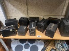 A quantity of vintage box cameras including Agfa, Ensign, Brownie etc