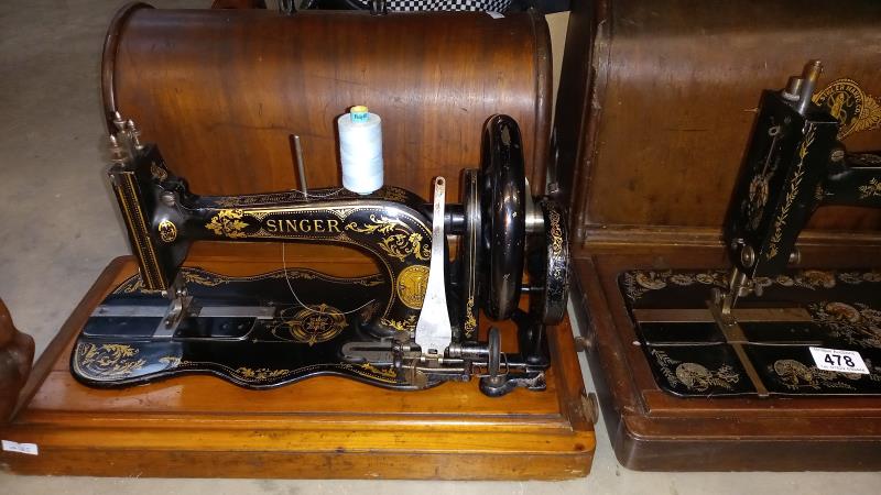 A cased Singer sewing machine (late 19th century) and 1 other early cased Singer sewing machine, - Image 2 of 5