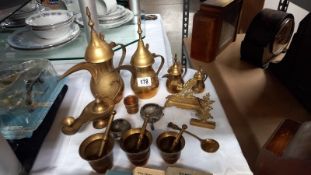 A quantity of brass including pestle & mortars & Turkish teapots etc.