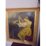 A gilt framed print on canvas of a lady musician, COLLECT ONLY.