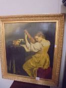 A gilt framed print on canvas of a lady musician, COLLECT ONLY.