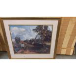 A large gilt framed print of wooded canal scene. COLLECT ONLY