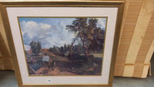 A large gilt framed print of wooded canal scene. COLLECT ONLY