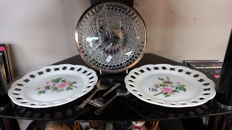 A Bavarian hand painted ribbon plate, 2 others 7 a plated cake dish etc. - Image 3 of 3