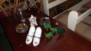 A Royal Albert Old Country Rose small bedside clock bisque shoes, green glass elephants etc