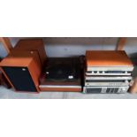 A Wharfdale Linton record player, 2 speakers, Sony AM/FM tuner & Pioneer tape deck etc. COLLECT