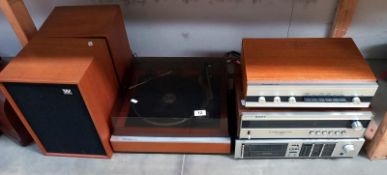 A Wharfdale Linton record player, 2 speakers, Sony AM/FM tuner & Pioneer tape deck etc. COLLECT
