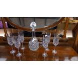 A heavy cut glass decanter & 6 glasses