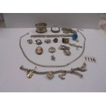 A mixed lot including silver rings. silver chain, charm bracelet, silver coins etc., over 170 grams