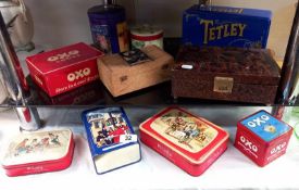 A quantity of tins & a decorative jewellery box etc.