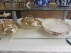 Two silver plate tureens and a hors d'ouvre dish with glass liners.