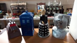 4 vintage Dr Who cookie Jars, Tardis, Davros and K9 have Dr.Who logo stamped on base, Cyberman
