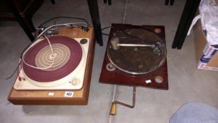 A Collaro reference deck (in need of attention) with modern tone arm & wind up turntable in