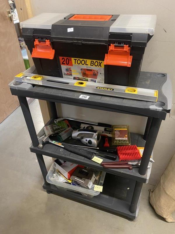 A quantity of tools including Stanley spirit level, tool box etc (COLLECT ONLY)