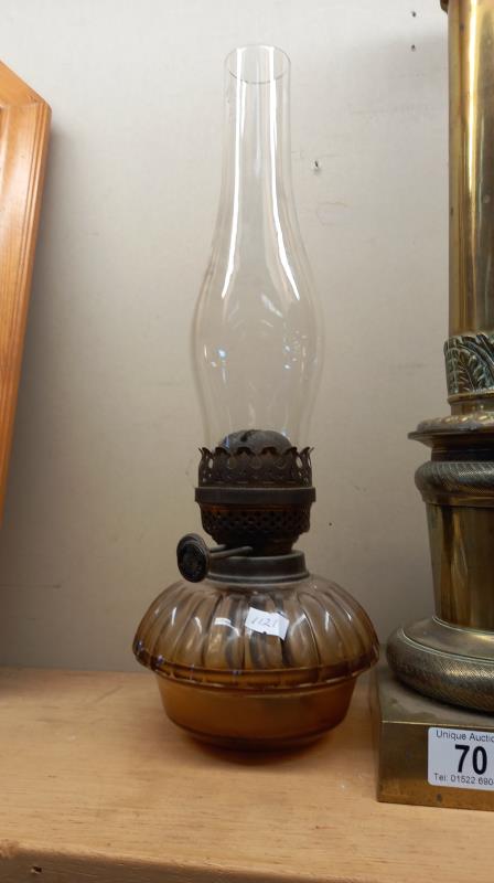A Victorian brass oil lamp column, cut glass drop in font & 2 chimneys - Image 2 of 9