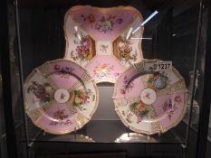 A fine porcelain dish with two matching plate with crossed swords mark.