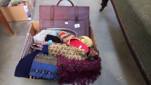 A box of vintage scarves, Ali Baba slippers, 2 bags etc