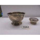 A silver hall marked footed dish and a silver hall marked pill box.