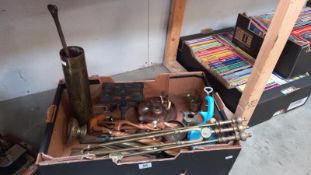 A box of brassware including a set of fire irons, brass needle case & shell case etc. COLLECT ONLY