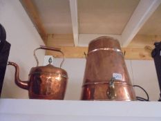 A copper urn with brass tap and a copper kettle.