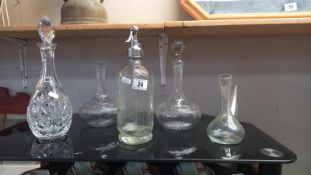 3 glass decanters & 1 other item (1 missing stopper, & 1 stopper A/F), a soda syphon from
