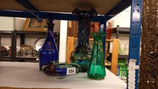 An art glass dish and vase, EIIR blue glass decanter etc 1a/f