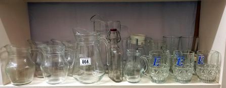 A good lot of glass 'cafe' milk/juice jugs plus other jugs & glasses, COLLECT ONLY