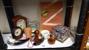 A pop up tennis players book, carriage clock, dice & horn etc.