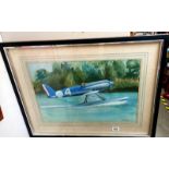 A watercolour of a Supermarine S.5 British single seat racing sea plane signed Lorna Doon, 1981,