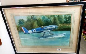 A watercolour of a Supermarine S.5 British single seat racing sea plane signed Lorna Doon, 1981,