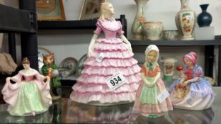 A Coalport First dance figure, 3 Doulton figures & a Beswick Simpson cat