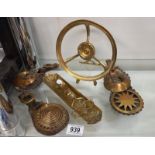 A quantity of Victorian brassware including horse brasses, trivet & wick trimmers on tray