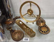 A quantity of Victorian brassware including horse brasses, trivet & wick trimmers on tray