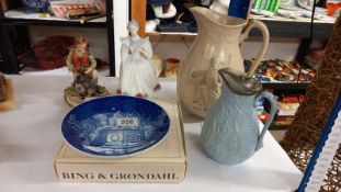 Copenhagen plate, 2 vintage jugs 1 having a lid and 2 figures (both figures are a/f)