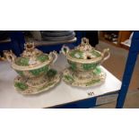 A pair of Victorian tureens on integral plates A/F