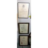 3 framed & glazed certificates/diplomas for architecture & music, COLLECT ONLY
