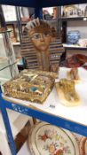 An Egyptian revival face mask, fabric covered box, Sphinxes and photo frame