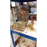 An Egyptian revival face mask, fabric covered box, Sphinxes and photo frame