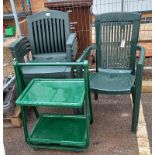 4 stacking garden chairs, 1 other & a 2 tier tea table, COLLECT ONLY