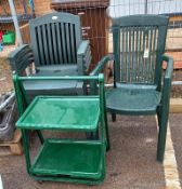 4 stacking garden chairs, 1 other & a 2 tier tea table, COLLECT ONLY