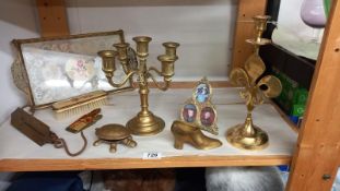 A selection of brassware including candelabra & balance scale