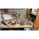 A selection of brassware including candelabra & balance scale