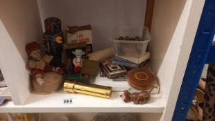 A tin plate robot (missing arm), a vintage doll pin cushion A/F & 2 kaleidoscopes etc.