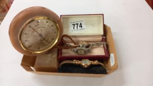 3 vintage ladies watches & a desk barometer