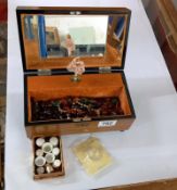 A jewellery box & contents including Royal Crown Derby thimbles etc.