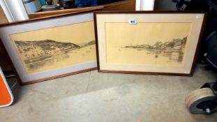 A pair of framed and glazed pencil prints by Glyn & Claire Davies - Fishing villages possibly St.