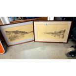 A pair of framed and glazed pencil prints by Glyn & Claire Davies - Fishing villages possibly St.