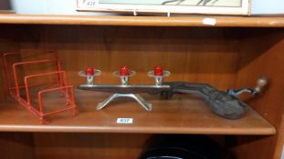 A retro teak & metal triple candlestick retro plate rack & a vintage Harris cast iron bean slicer