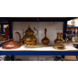 A selection of brass & copper including chestnut roaster, foot warmer & brass kettle etc.